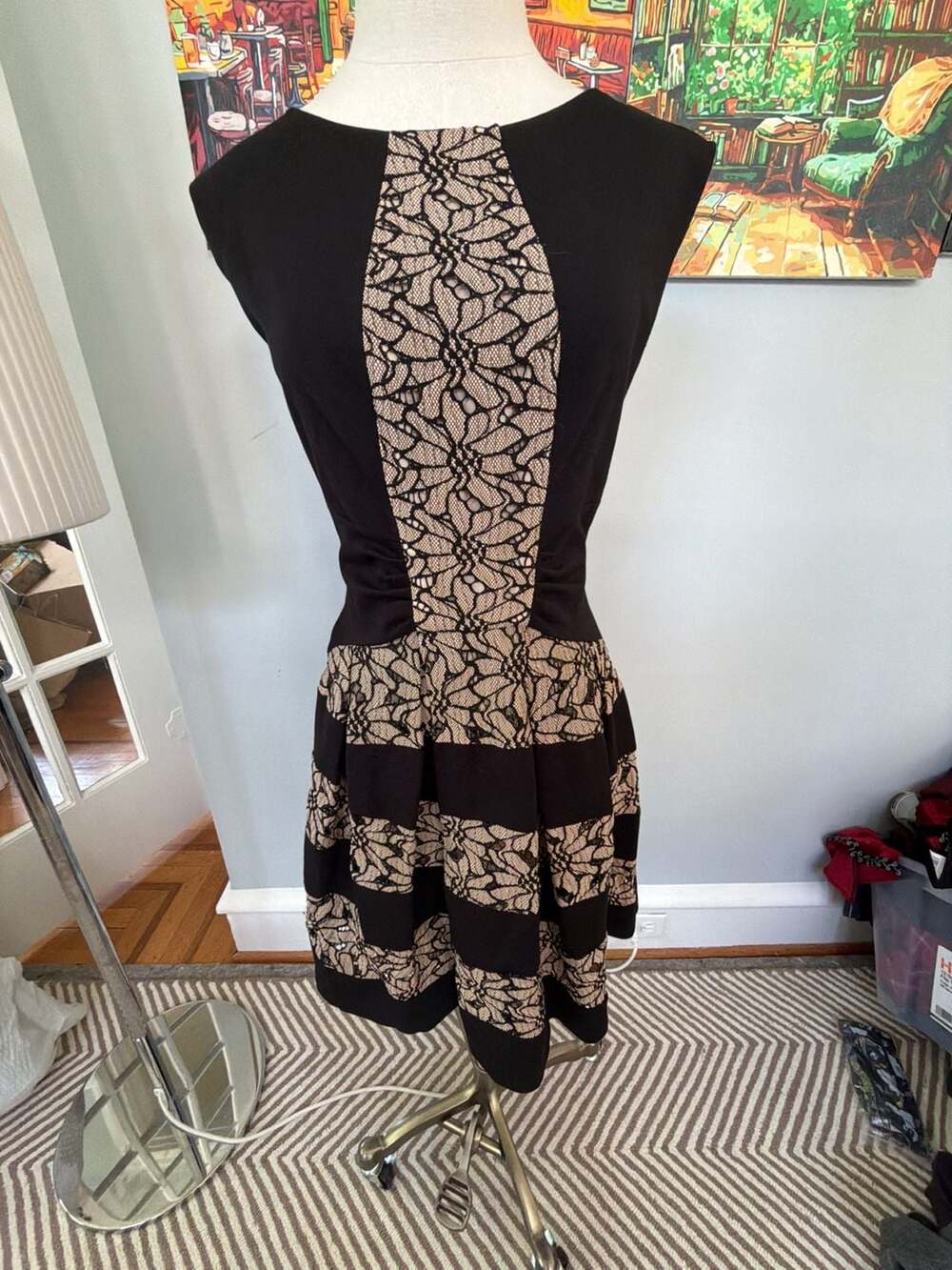 Eva Franco Black and Nude Lace Strata Fit and Flare Dress size 6